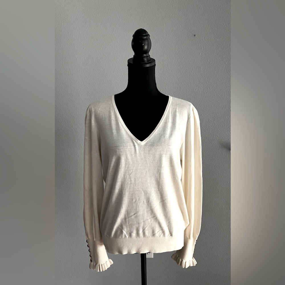Lauren Ralph Lauren cotton blend V-neck long sleeve with ruffles white pullover